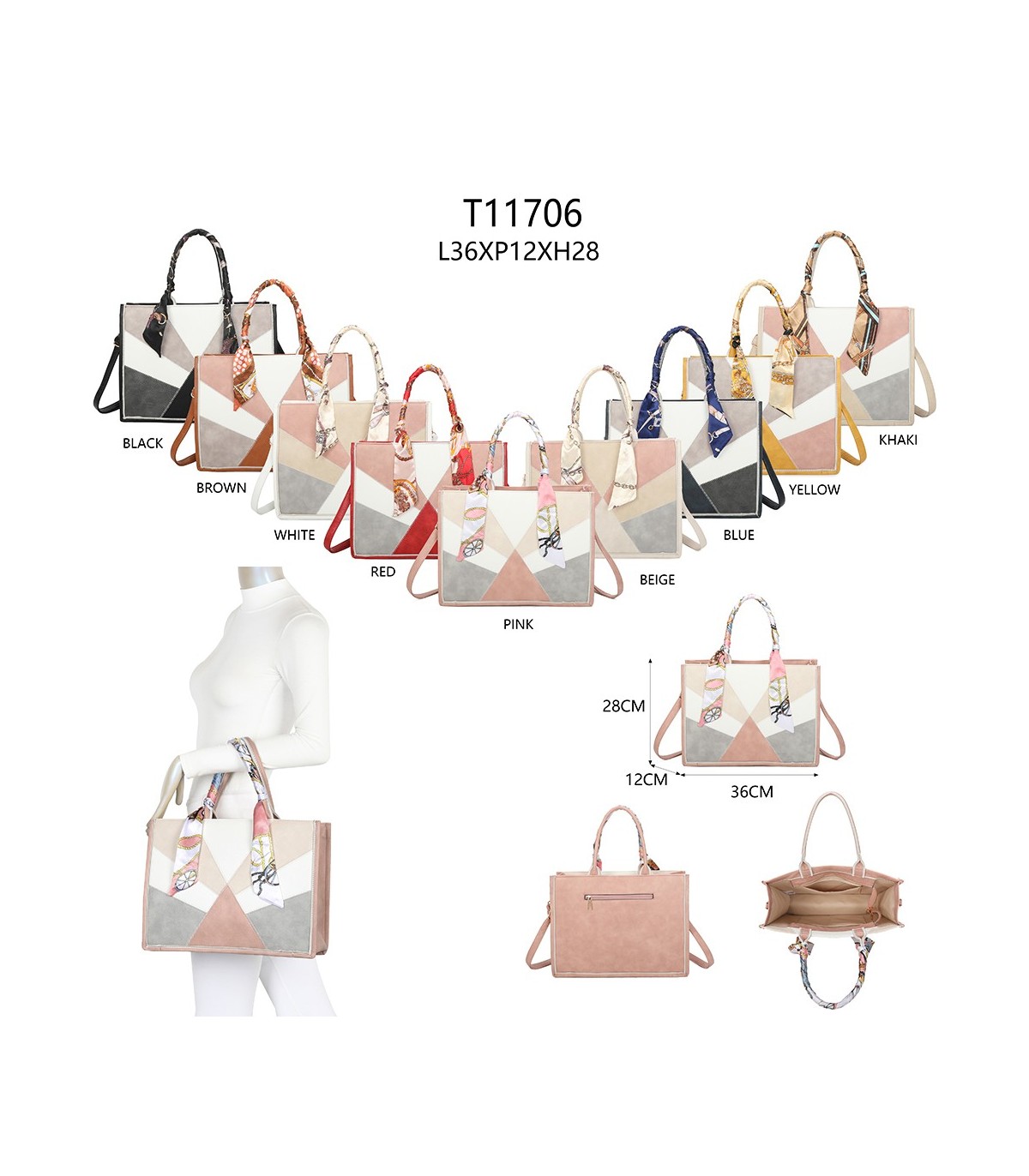 T11706 - Bolso de motivo triangular de colores para mujer con asa y pañuelo muy bonito
