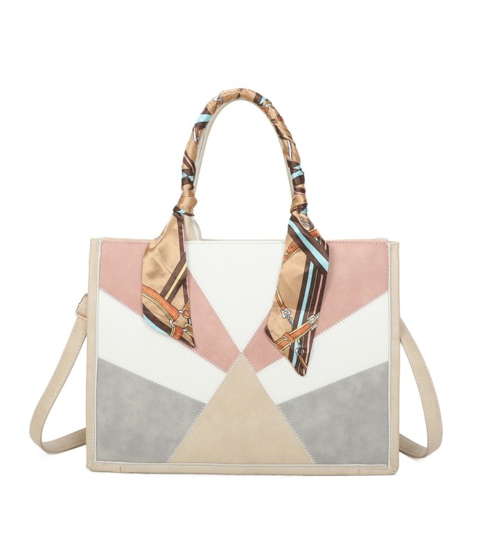 T11706 - Bolso de motivo triangular de colores para mujer con asa y pañuelo muy bonito