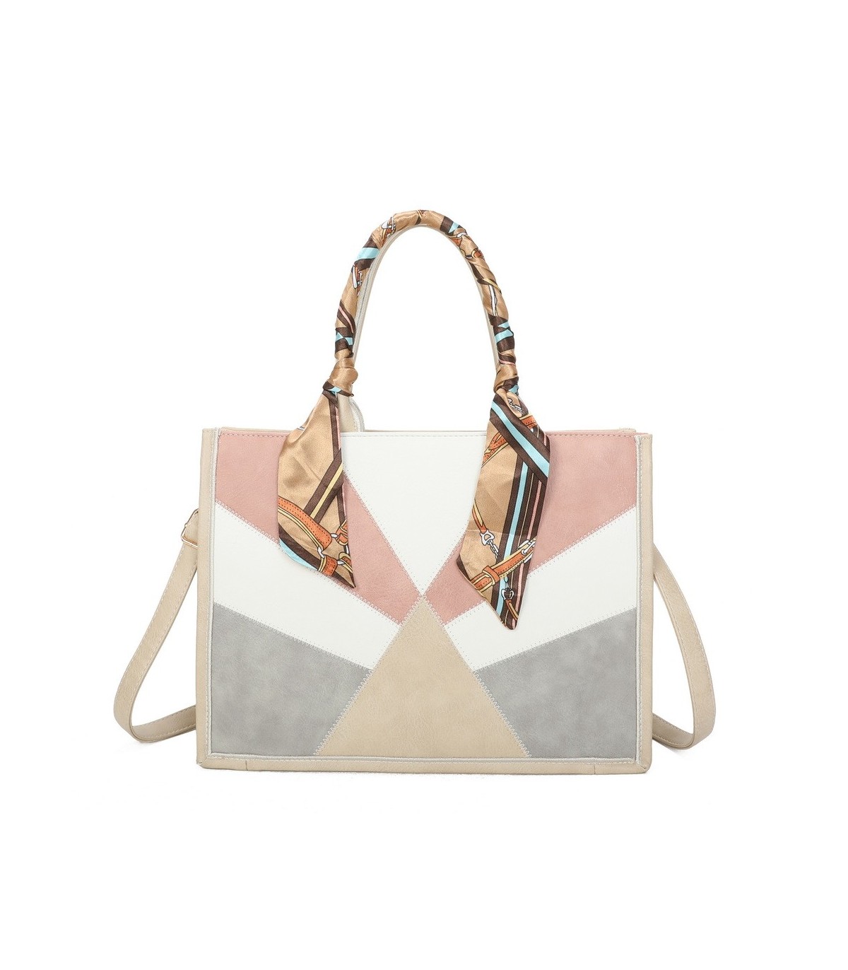 T11706 - Bolso de motivo triangular de colores para mujer con asa y pañuelo muy bonito