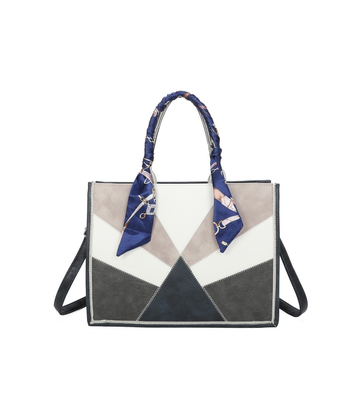 T11706 - Bolso de motivo triangular de colores para mujer con asa y pañuelo muy bonito