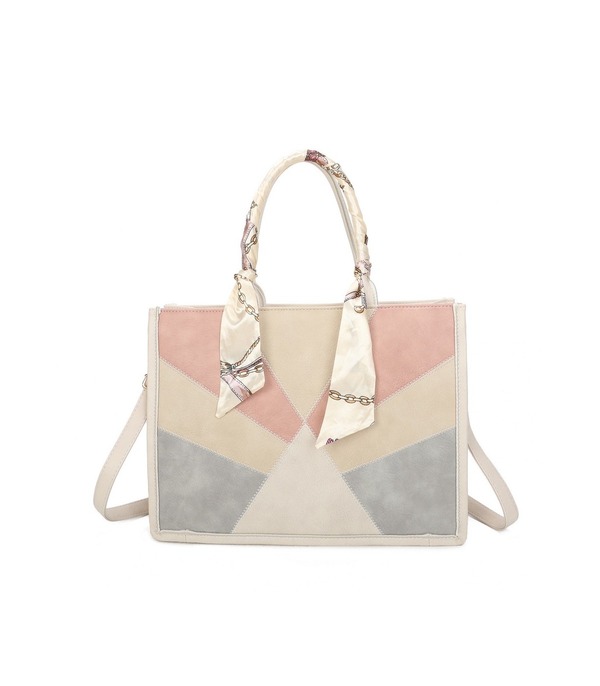 T11706 - Bolso de motivo triangular de colores para mujer con asa y pañuelo muy bonito