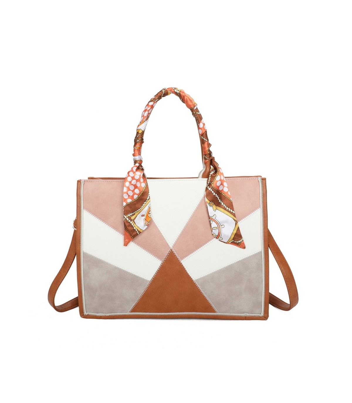 T11706 - Bolso de motivo triangular de colores para mujer con asa y pañuelo muy bonito