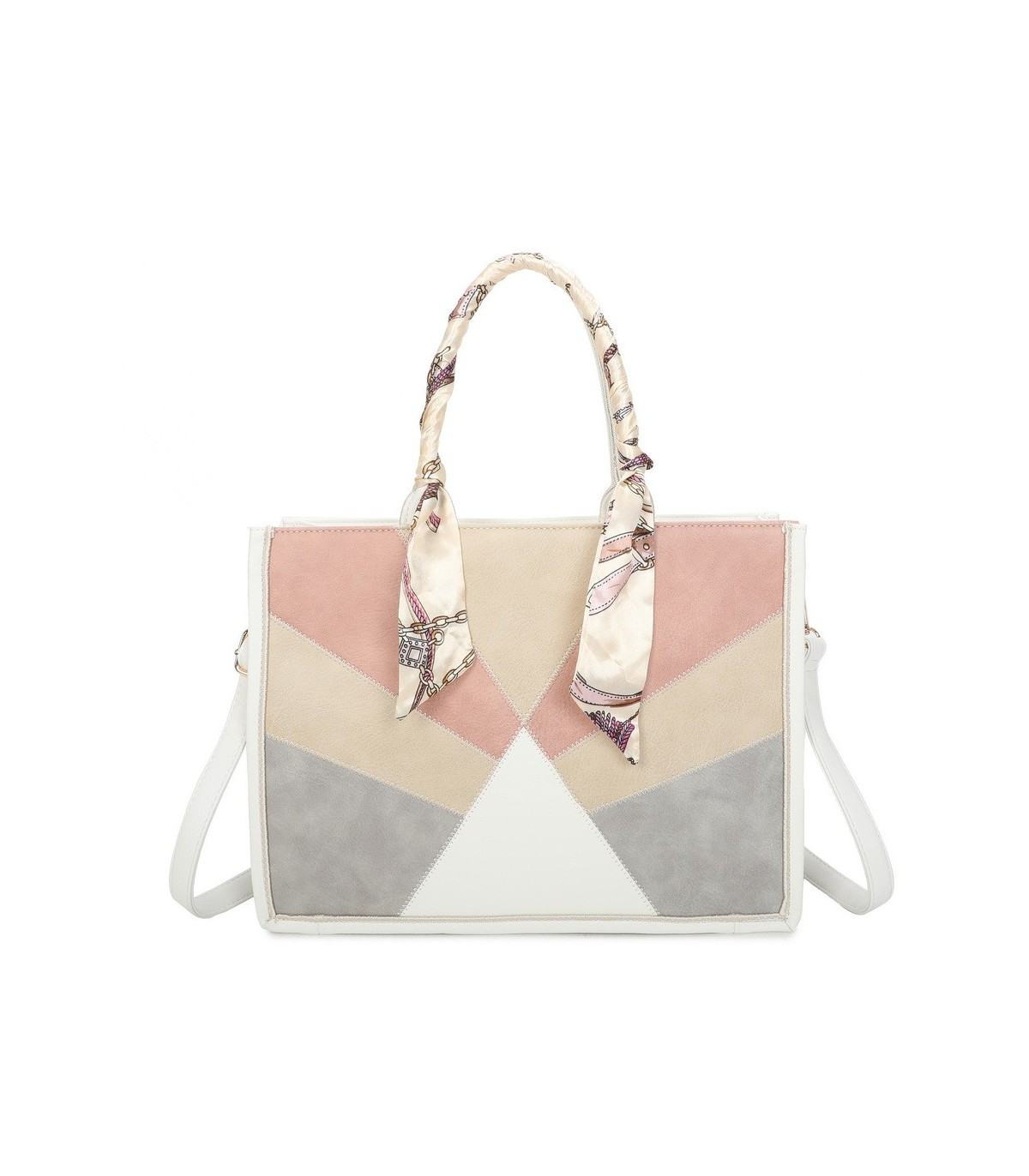 T11706 - Bolso de motivo triangular de colores para mujer con asa y pañuelo muy bonito