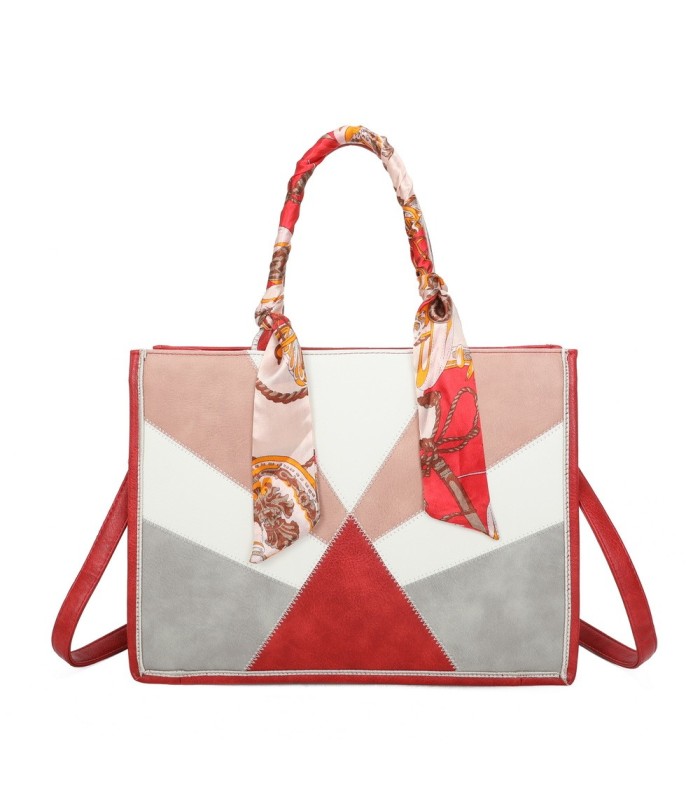 T11706 - Bolso de motivo triangular de colores para mujer con asa y pañuelo muy bonito