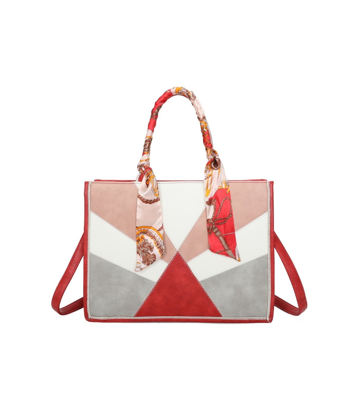 T11706 - Bolso de motivo triangular de colores para mujer con asa y pañuelo muy bonito