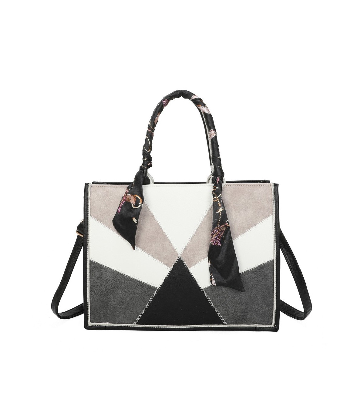 T11706 - Bolso de motivo triangular de colores para mujer con asa y pañuelo muy bonito