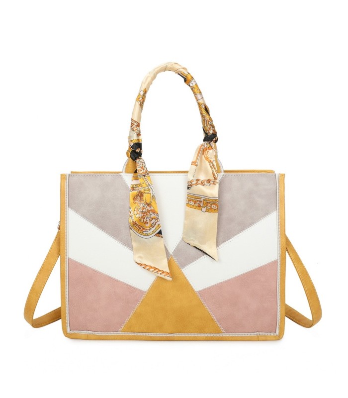 T11706 - Bolso de motivo triangular de colores para mujer con asa y pañuelo muy bonito