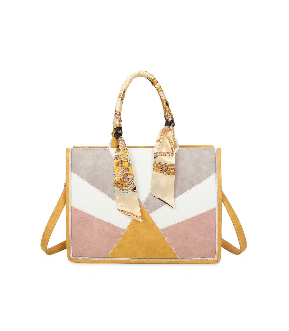 T11706 - Bolso de motivo triangular de colores para mujer con asa y pañuelo muy bonito