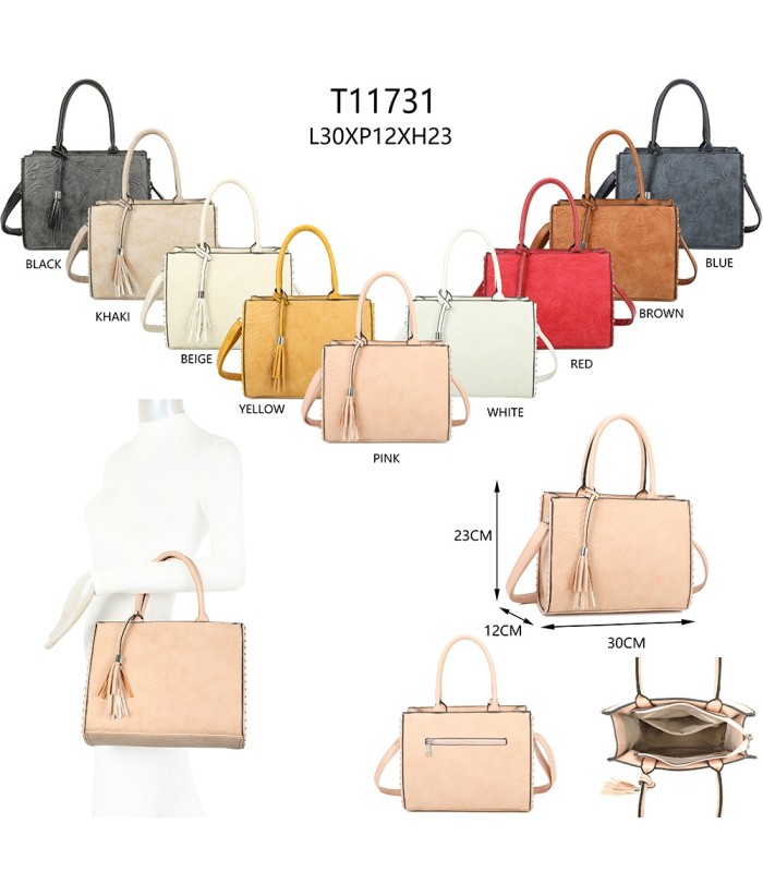 T11731 - Bolso de mano con borla del mismo color tamaño cuadrado para mujer