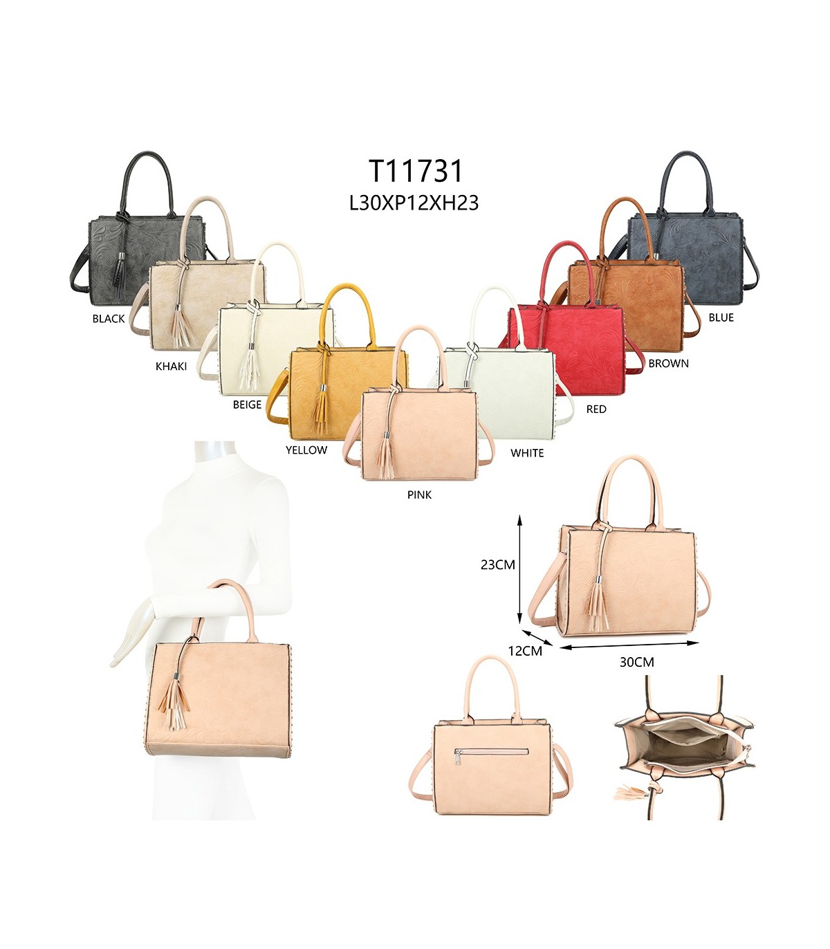 T11731 - Bolso de mano con borla del mismo color tamaño cuadrado para mujer