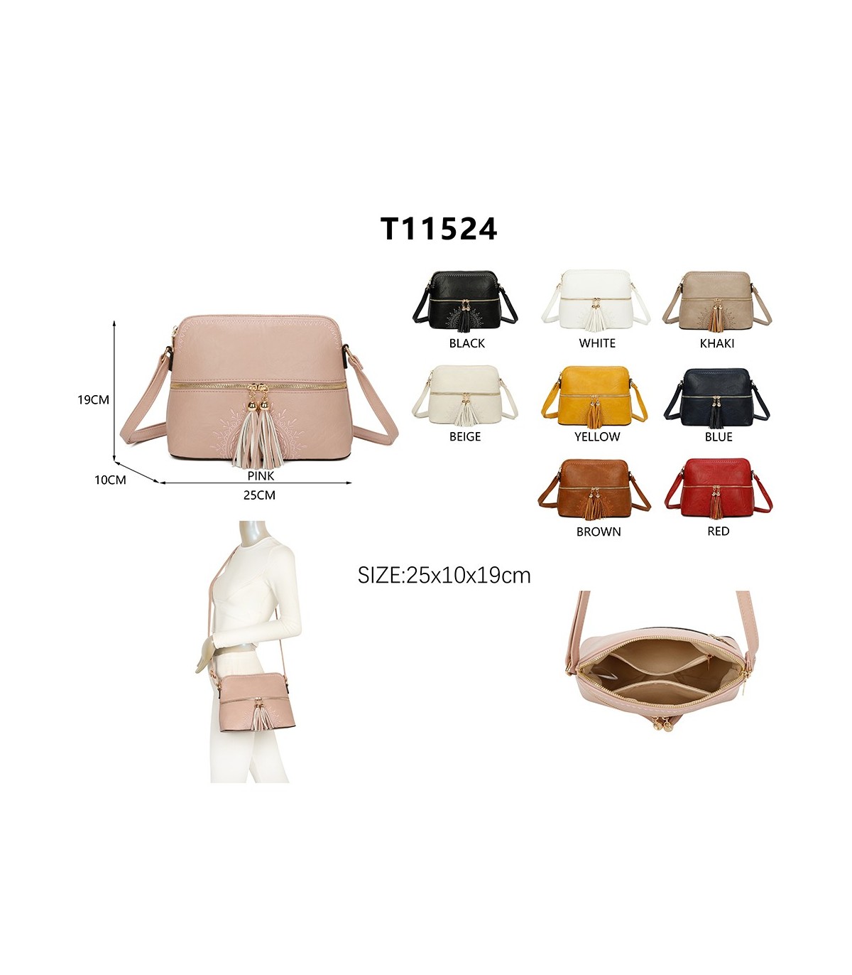 T11524 - Bolso con borla y bandolera con bolsillos delanteros