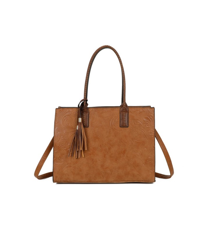 T11730 - Bolso rectangular con borla y gran capacidad con textura de patrón de hojas