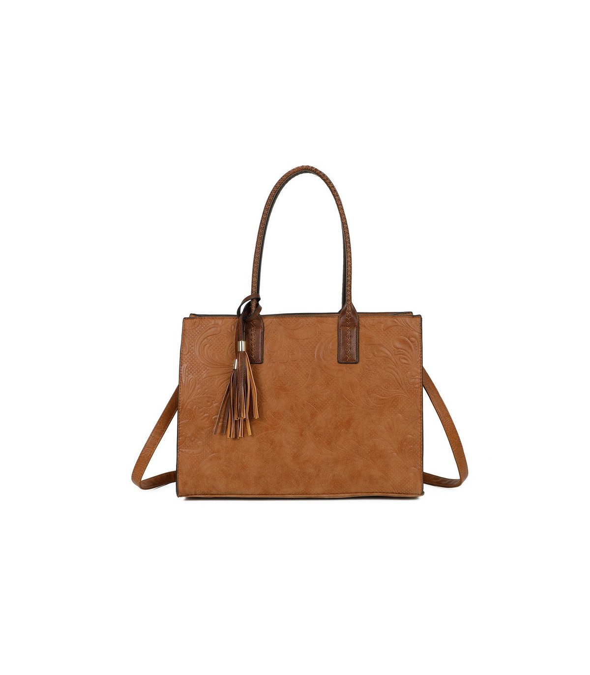 T11730 - Bolso rectangular con borla y gran capacidad con textura de patrón de hojas