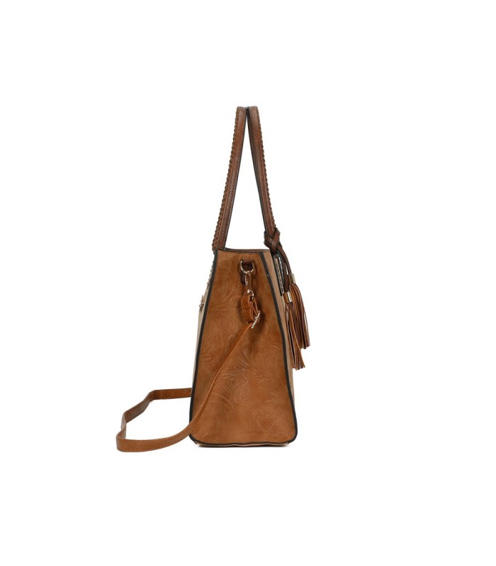 T11730 - Bolso rectangular con borla y gran capacidad con textura de patrón de hojas