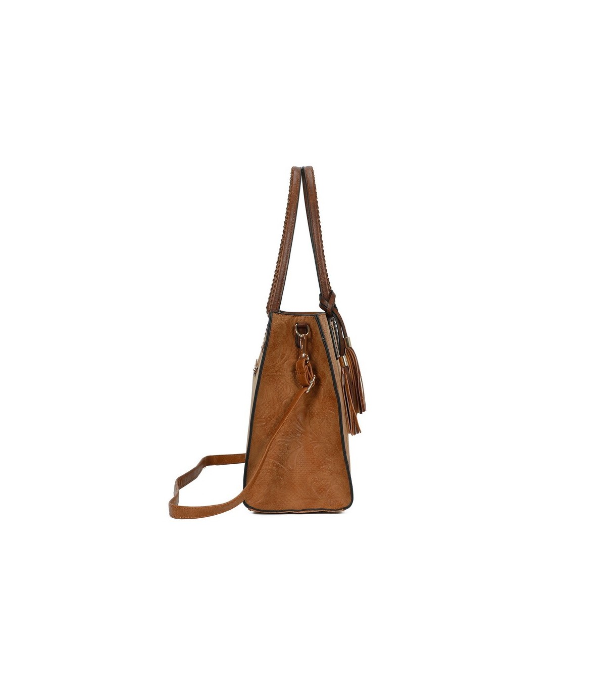 T11730 - Bolso rectangular con borla y gran capacidad con textura de patrón de hojas