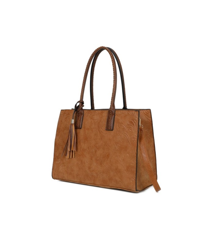 T11730 - Bolso rectangular con borla y gran capacidad con textura de patrón de hojas