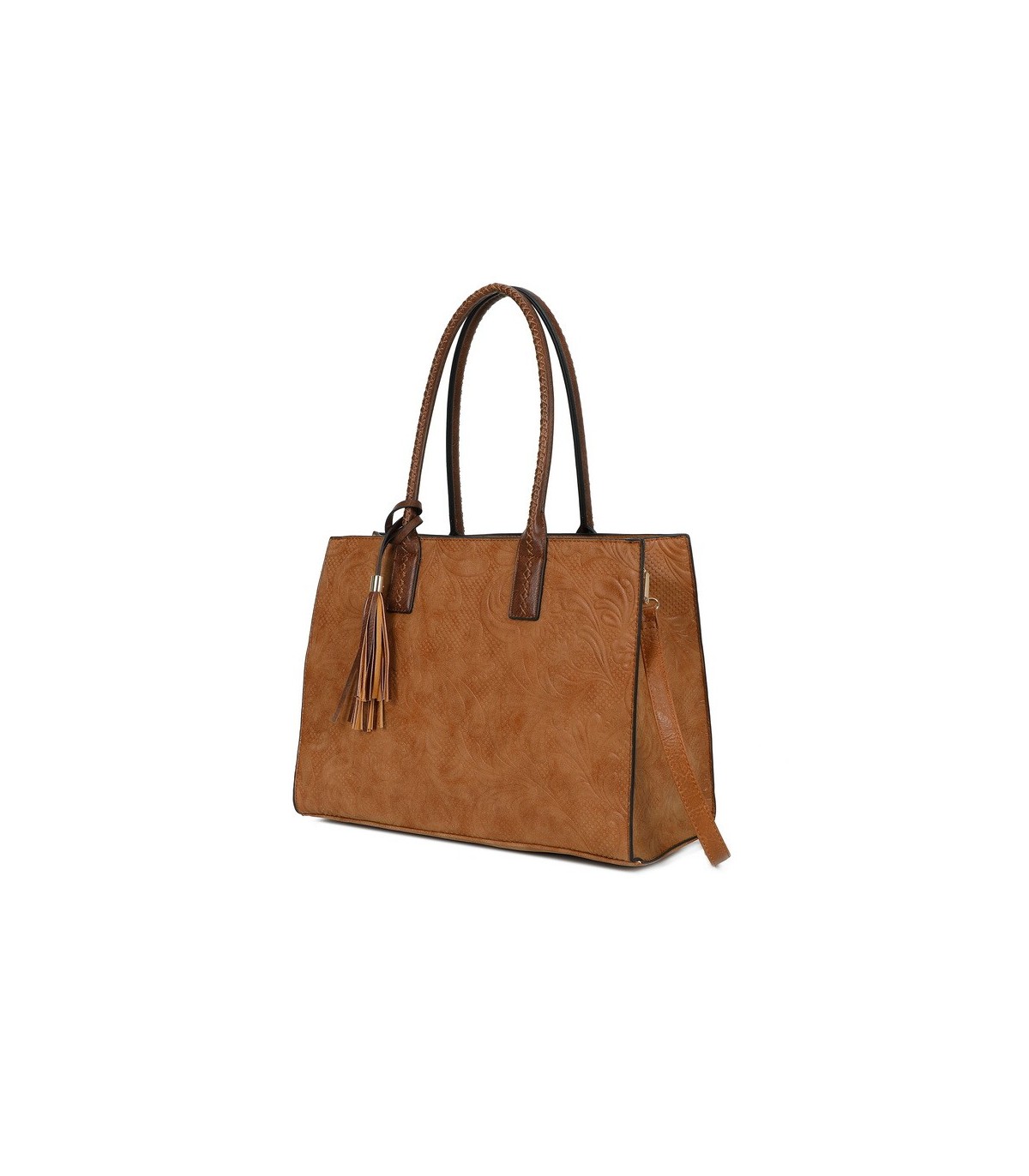 T11730 - Bolso rectangular con borla y gran capacidad con textura de patrón de hojas