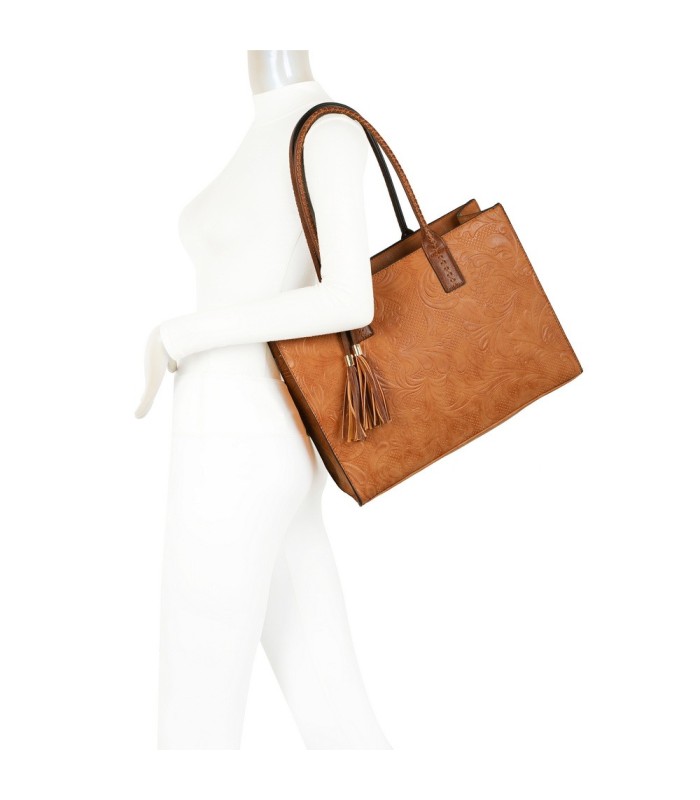 T11730 - Bolso rectangular con borla y gran capacidad con textura de patrón de hojas