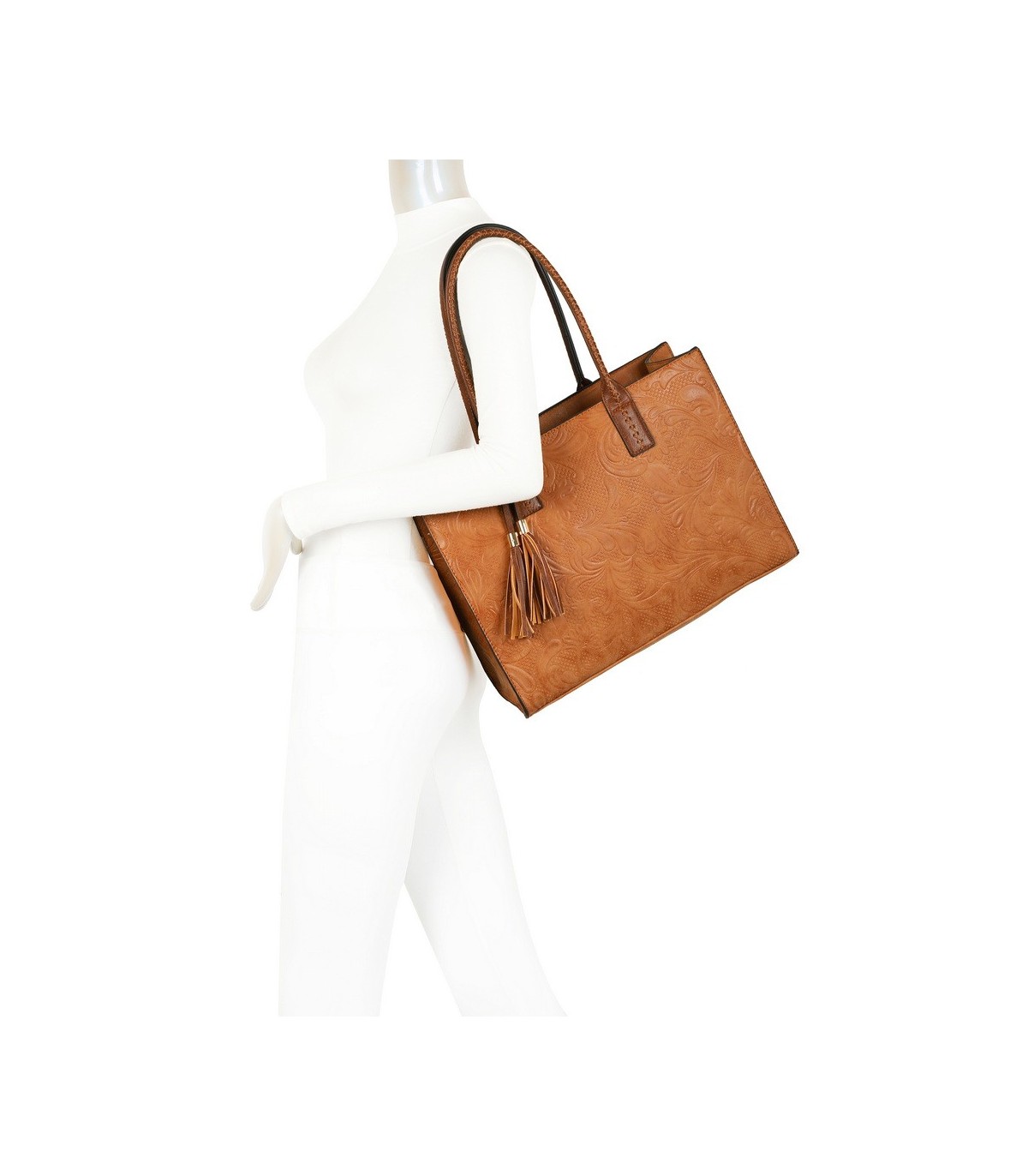 T11730 - Bolso rectangular con borla y gran capacidad con textura de patrón de hojas