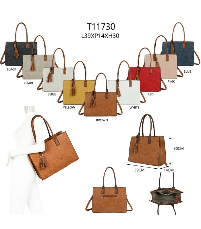 T11730 - Bolso rectangular con borla y gran capacidad con textura de patrón de hojas
