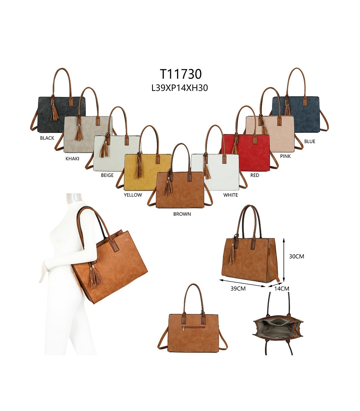 T11730 - Bolso rectangular con borla y gran capacidad con textura de patrón de hojas