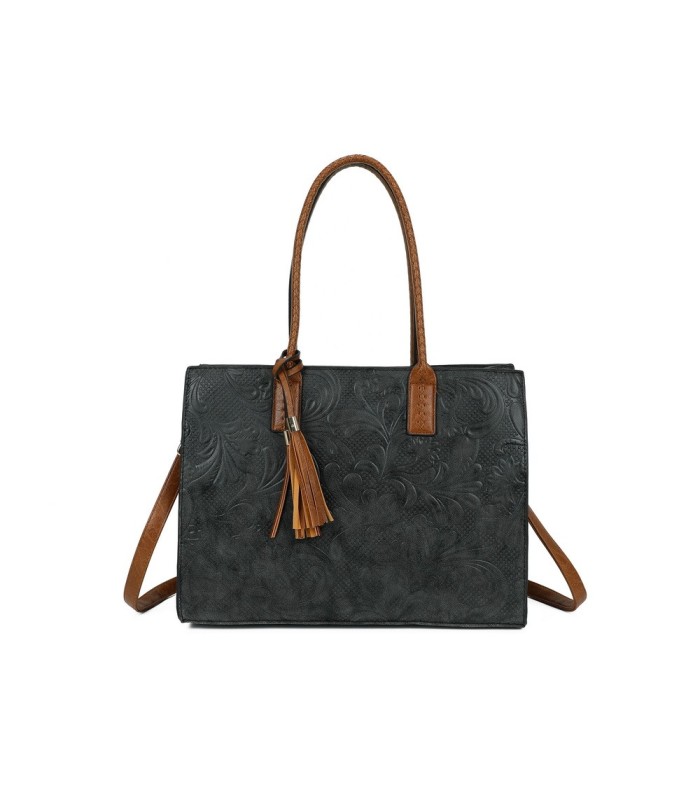 T11730 - Bolso rectangular con borla y gran capacidad con textura de patrón de hojas