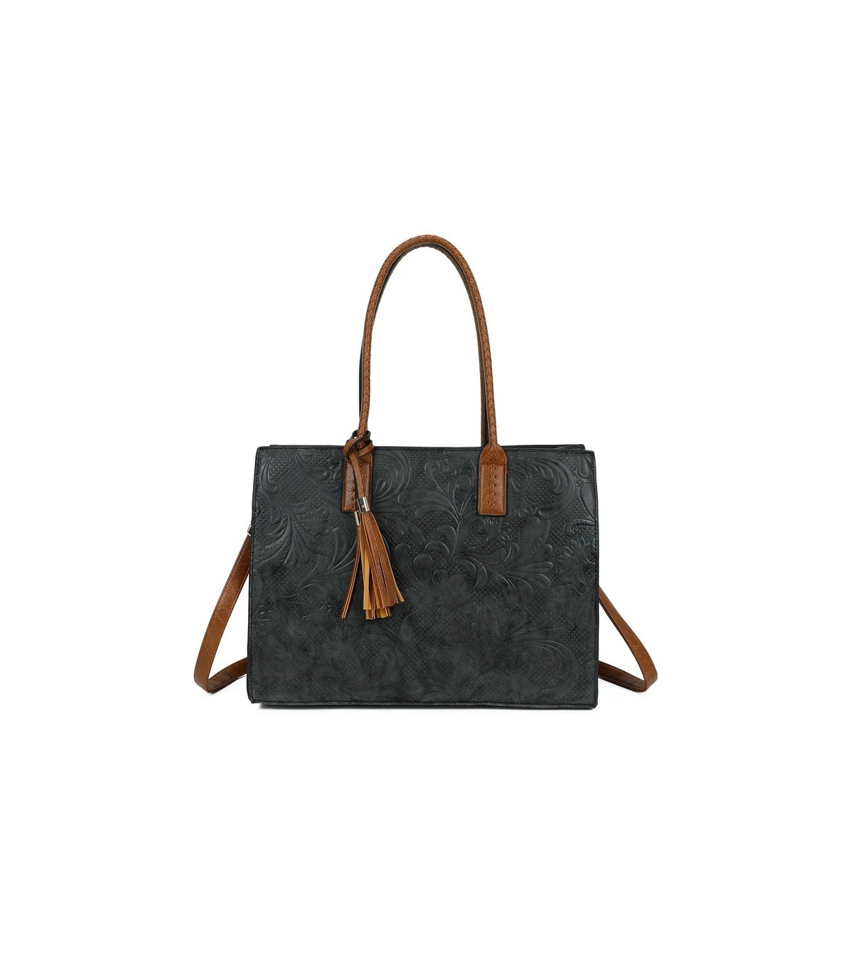 T11730 - Bolso rectangular con borla y gran capacidad con textura de patrón de hojas