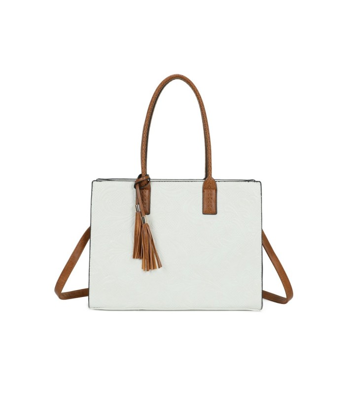 T11730 - Bolso rectangular con borla y gran capacidad con textura de patrón de hojas