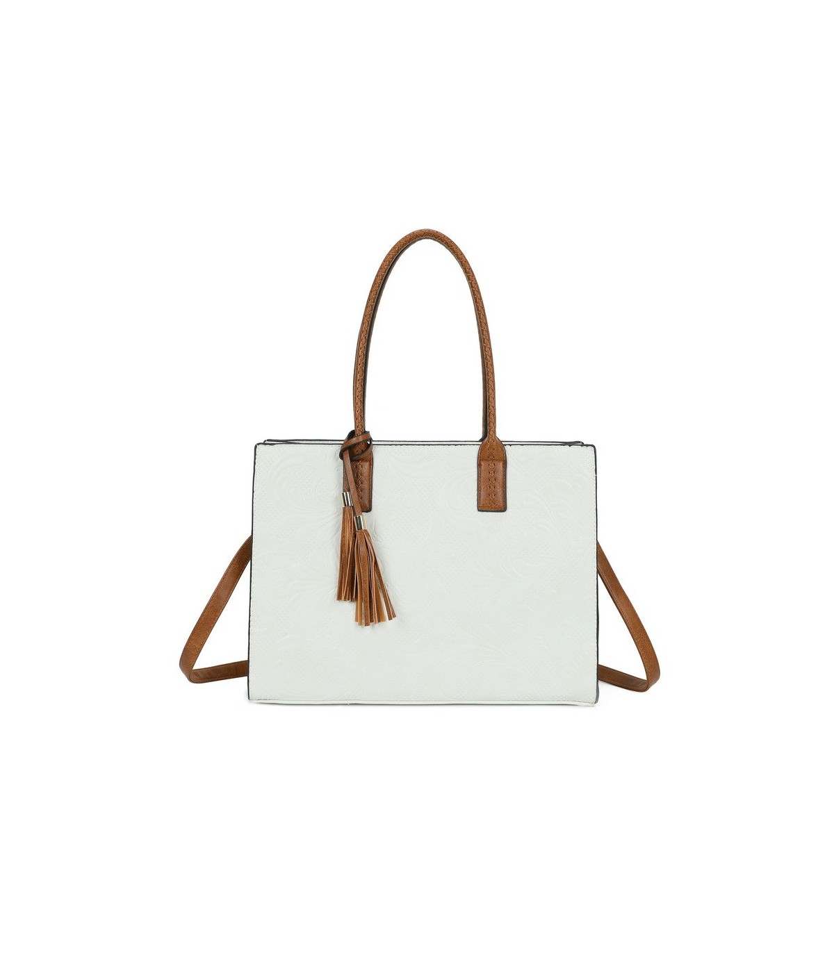T11730 - Bolso rectangular con borla y gran capacidad con textura de patrón de hojas
