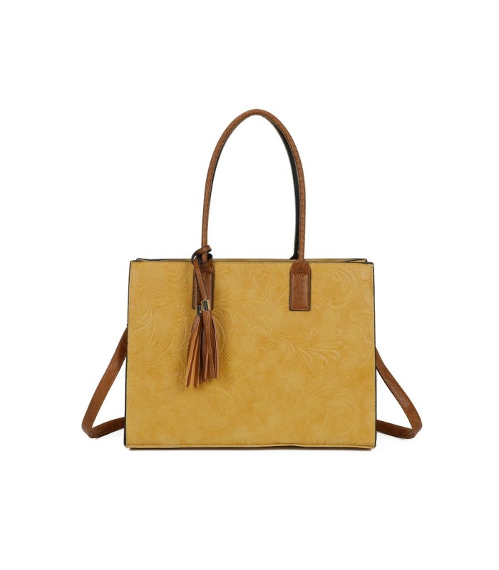 T11730 - Bolso rectangular con borla y gran capacidad con textura de patrón de hojas