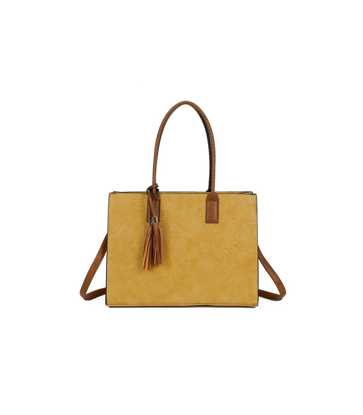 T11730 - Bolso rectangular con borla y gran capacidad con textura de patrón de hojas