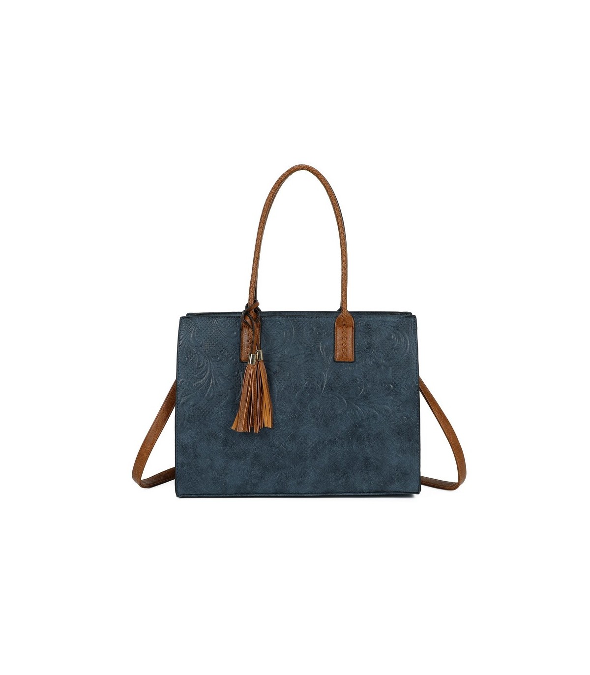 T11730 - Bolso rectangular con borla y gran capacidad con textura de patrón de hojas