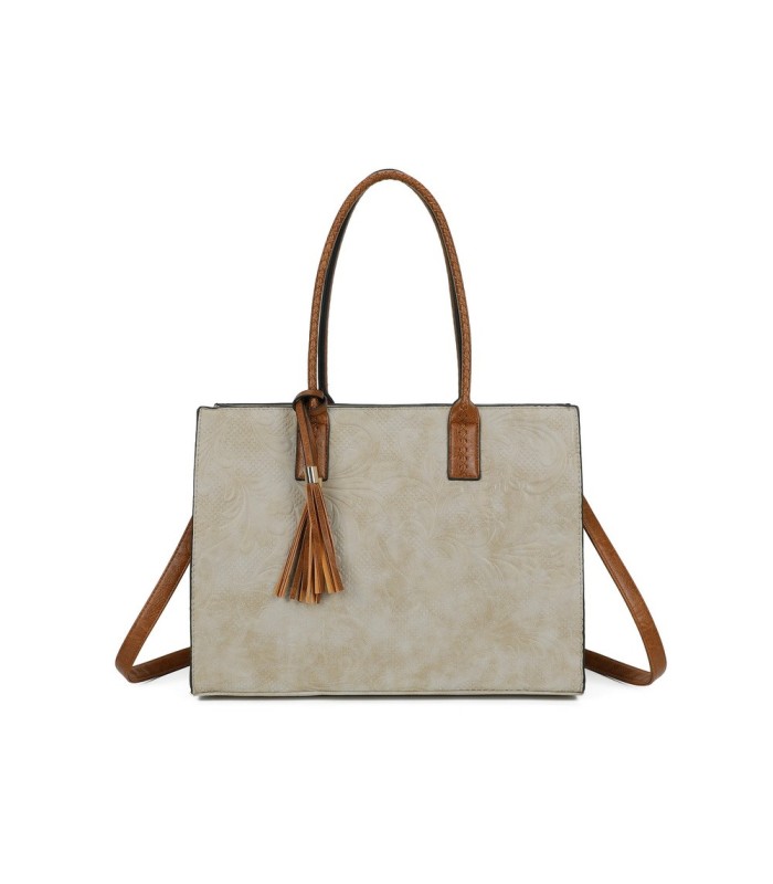 T11730 - Bolso rectangular con borla y gran capacidad con textura de patrón de hojas