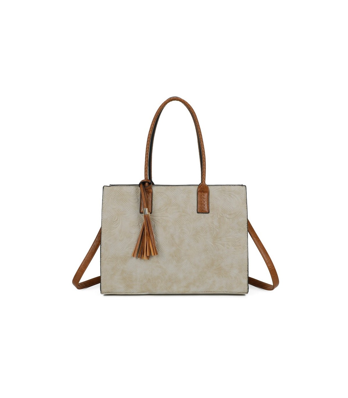 T11730 - Bolso rectangular con borla y gran capacidad con textura de patrón de hojas
