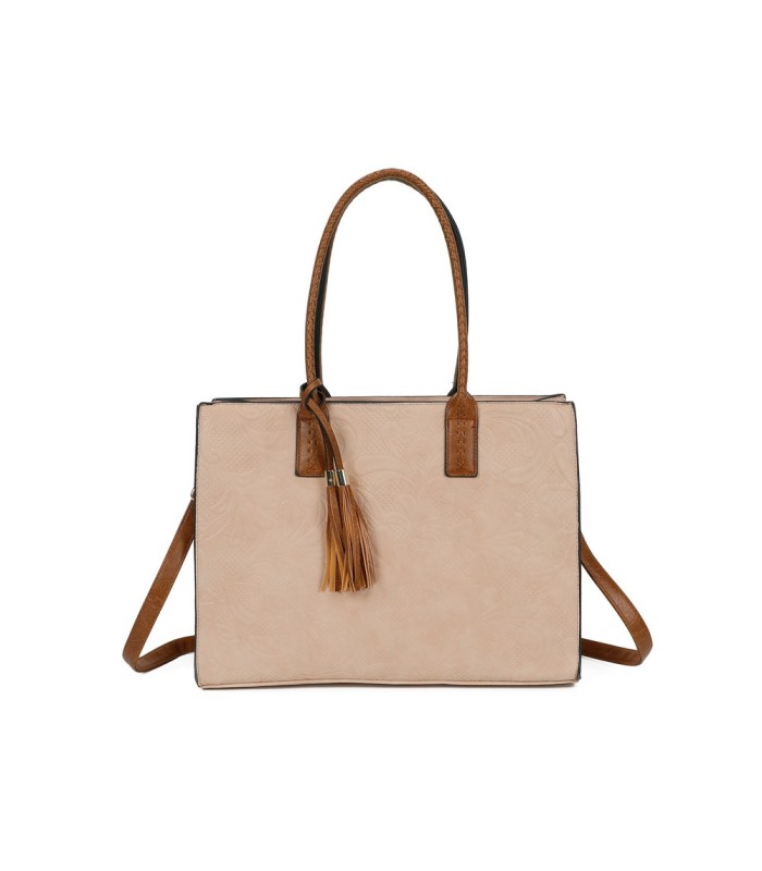 T11730 - Bolso rectangular con borla y gran capacidad con textura de patrón de hojas