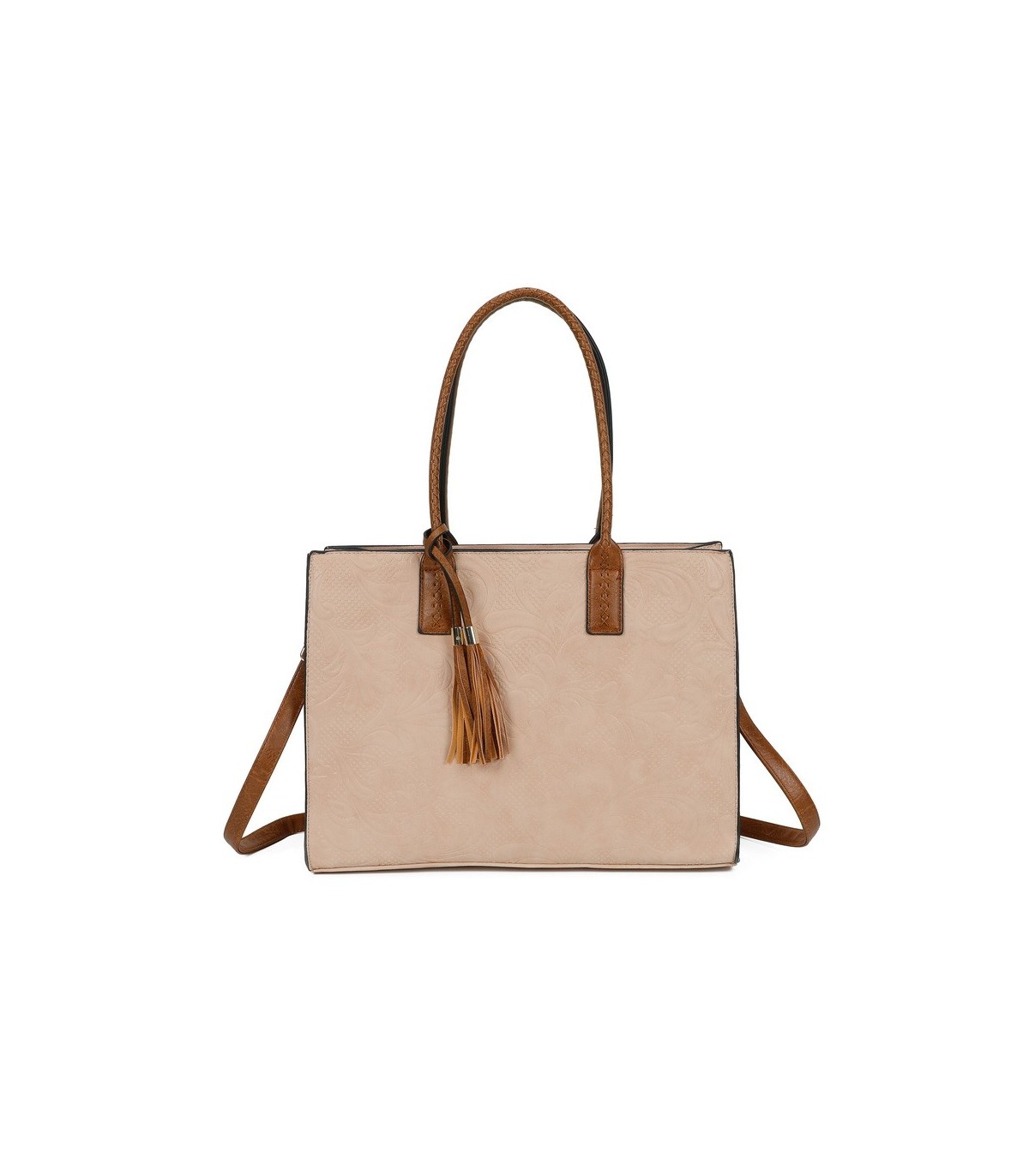 T11730 - Bolso rectangular con borla y gran capacidad con textura de patrón de hojas
