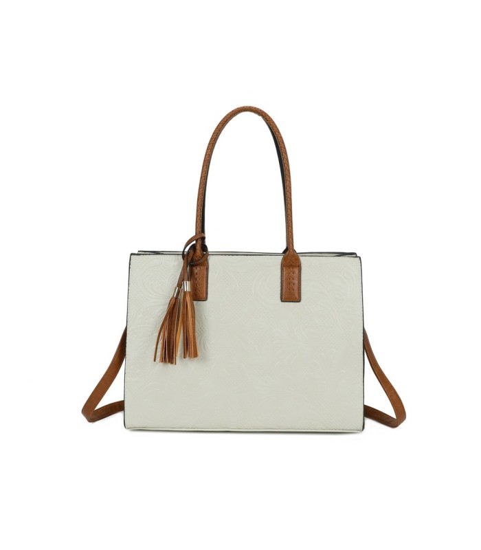 T11730 - Bolso rectangular con borla y gran capacidad con textura de patrón de hojas