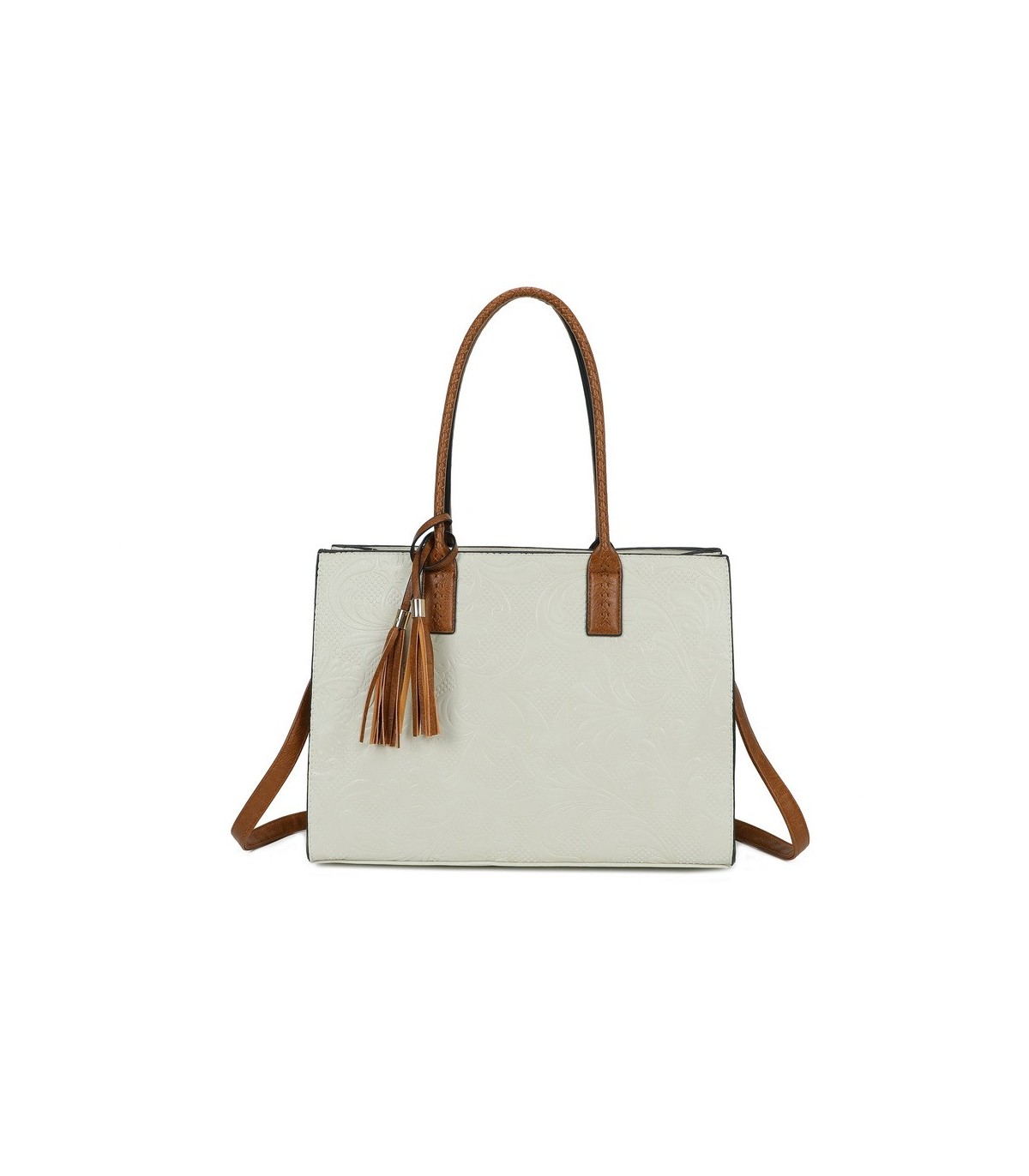 T11730 - Bolso rectangular con borla y gran capacidad con textura de patrón de hojas