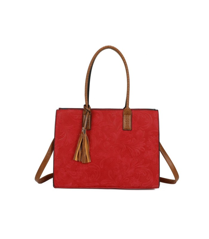 T11730 - Bolso rectangular con borla y gran capacidad con textura de patrón de hojas