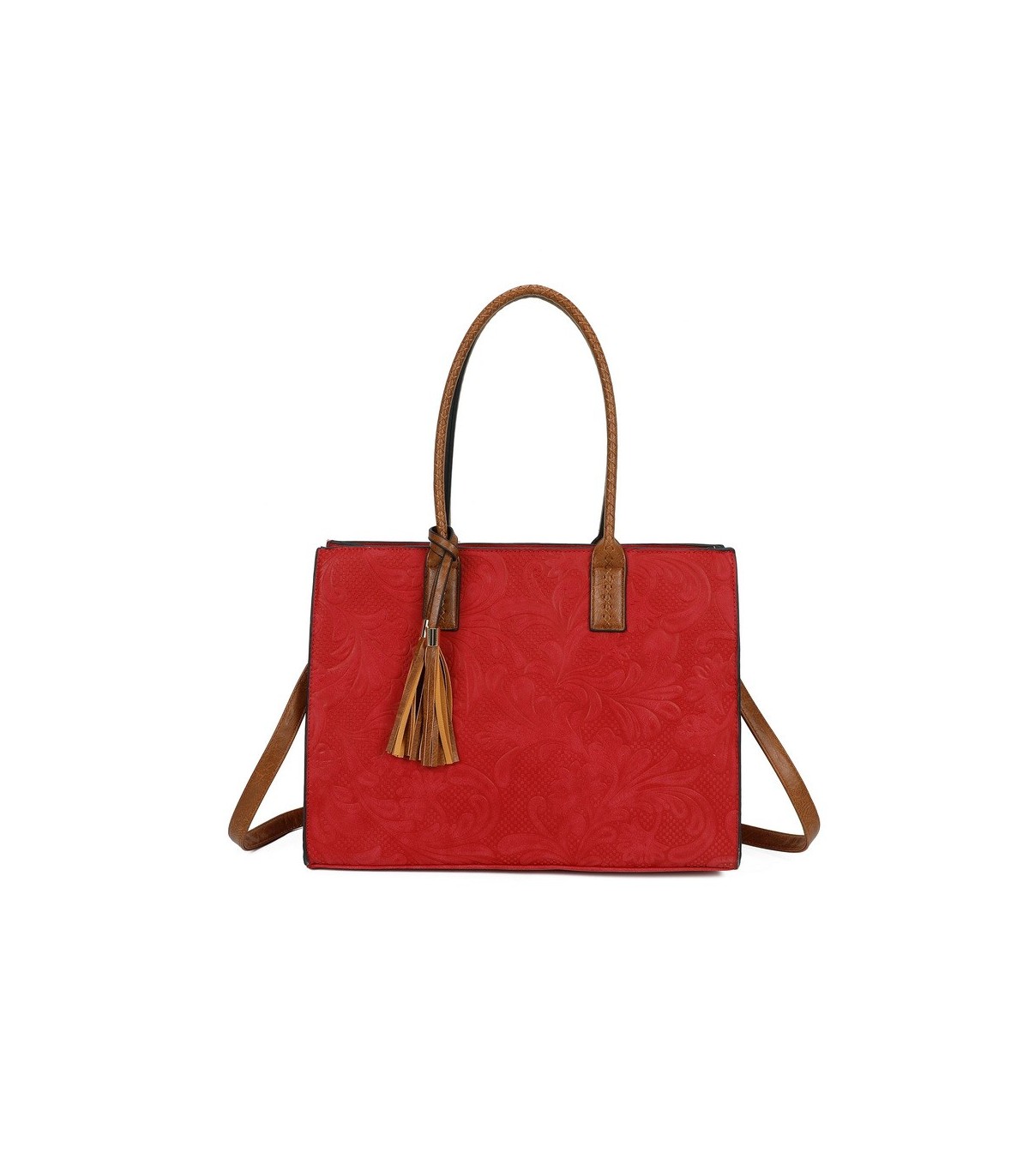 T11730 - Bolso rectangular con borla y gran capacidad con textura de patrón de hojas