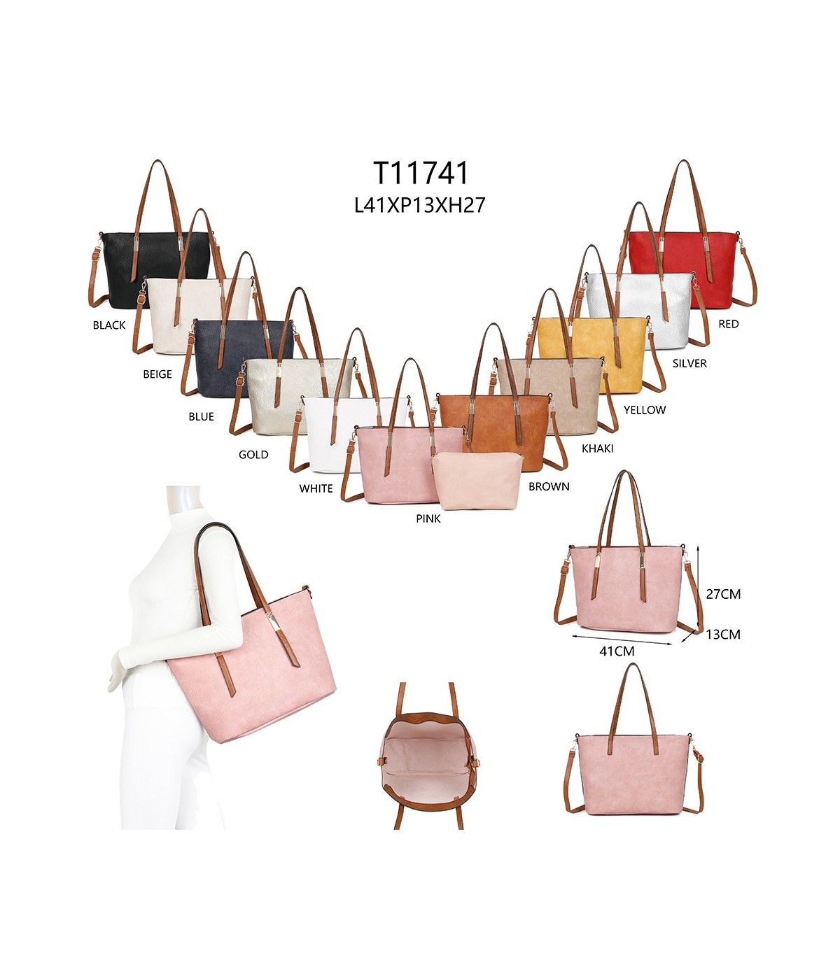 T11741 - Bolso con neceser a juego del mismo color amplio espacio