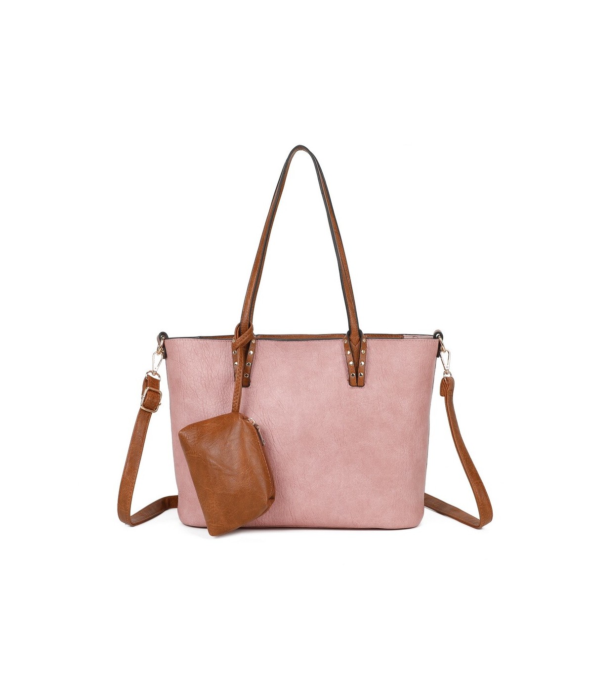 T11736 - Bolso bandolera con monedero marrón asas grandes y bandolera
