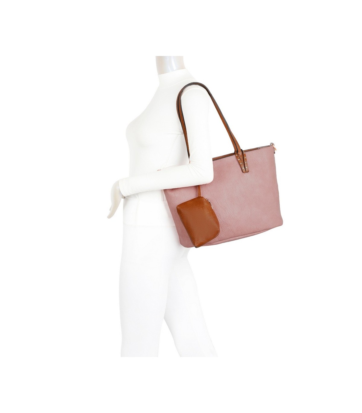 T11736 - Bolso bandolera con monedero marrón asas grandes y bandolera