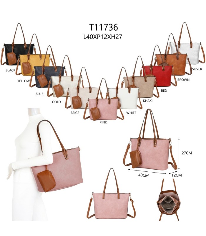 T11736 - Bolso bandolera con monedero marrón asas grandes y bandolera