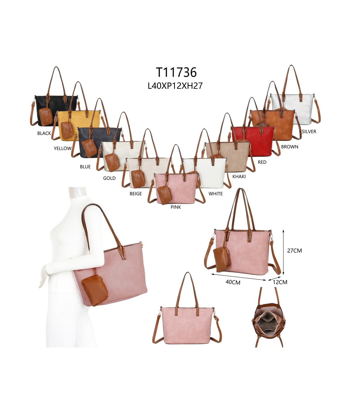 T11736 - Bolso bandolera con monedero marrón asas grandes y bandolera