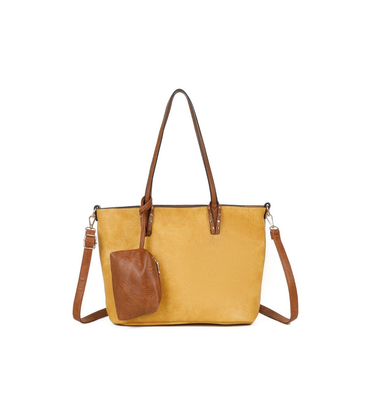 T11736 - Bolso bandolera con monedero marrón asas grandes y bandolera