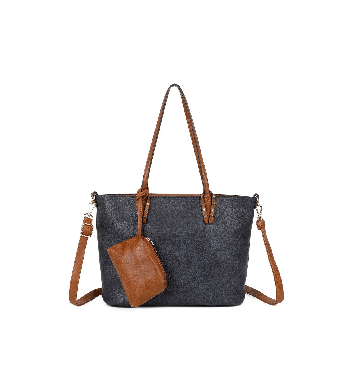 T11736 - Bolso bandolera con monedero marrón asas grandes y bandolera