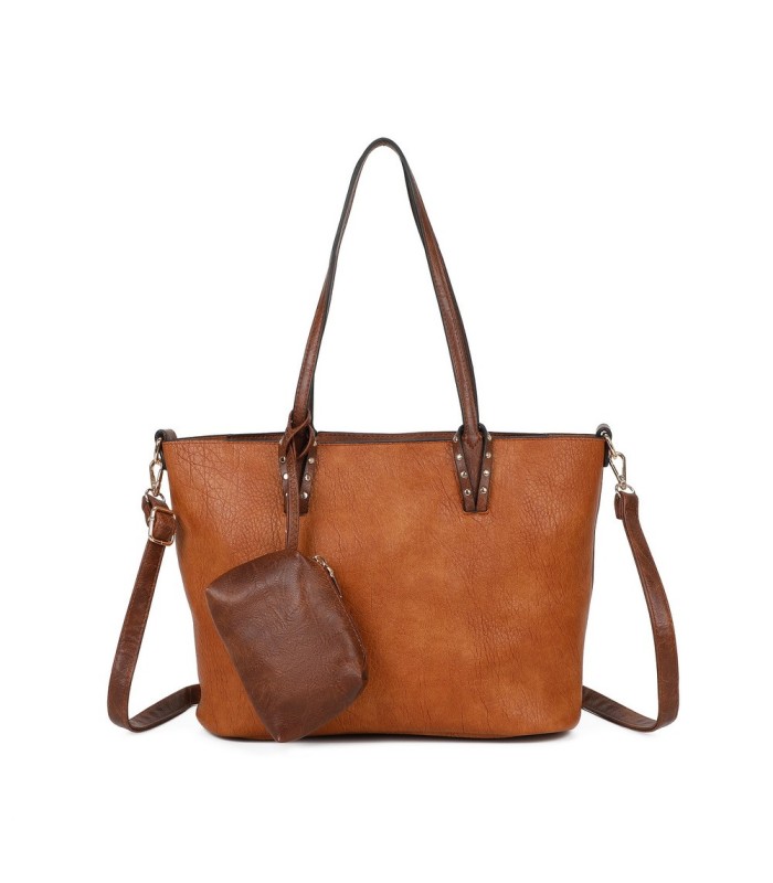T11736 - Bolso bandolera con monedero marrón asas grandes y bandolera
