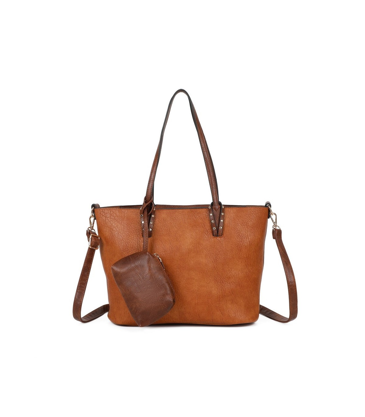 T11736 - Bolso bandolera con monedero marrón asas grandes y bandolera