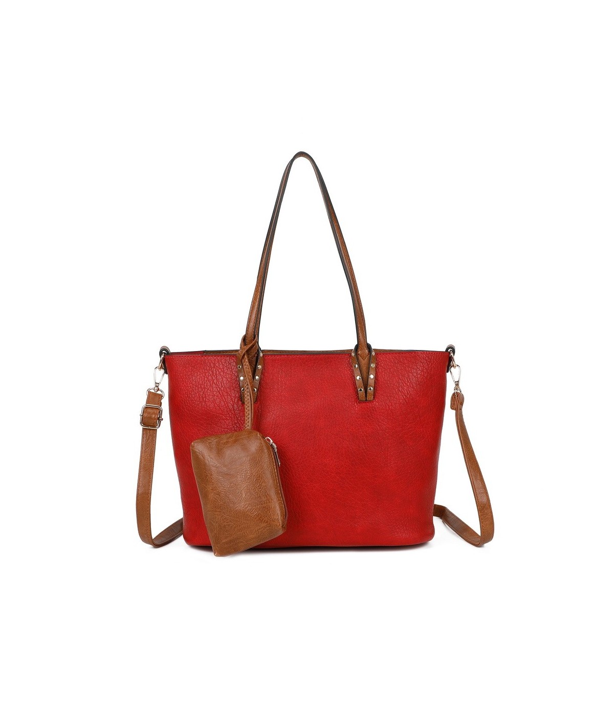 T11736 - Bolso bandolera con monedero marrón asas grandes y bandolera